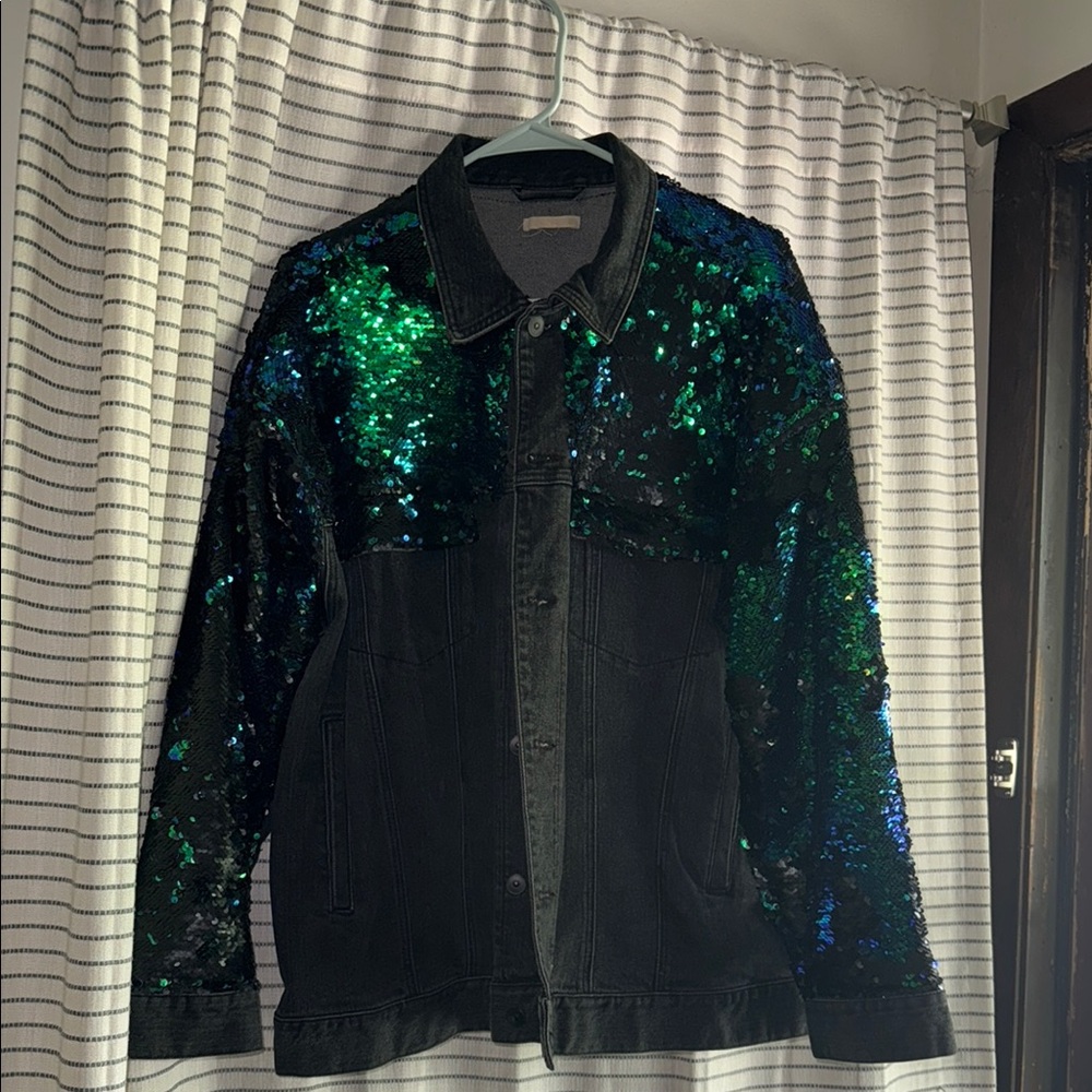 H&M Black Jean Jacket with Green Sequin Accents